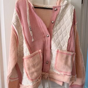 POL Pink and Cream Buttoned Knit Jacket